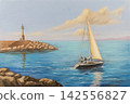 Seascape with lighthouse and sailboat 142556827