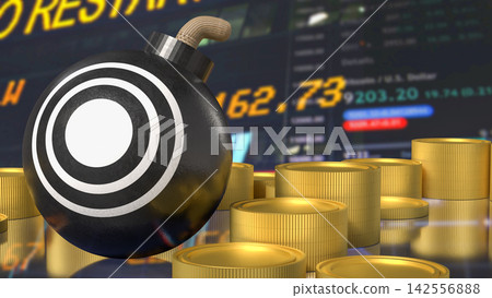 Financial Risk Concept with Bomb and Gold Coins Against Stock Market Charts 3d render. 142556888