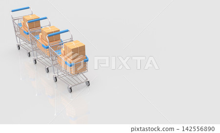 Three Shopping Carts Filled with Packages on a White Background 3d render. Three Shopping Carts Filled with Packages on a White Background 3d render. 142556890