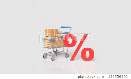 Shopping Cart with Packages and Bold Red Discount Symbol 3d render. Shopping Cart with Packages and Bold Red Discount Symbol 3d render. 142556891