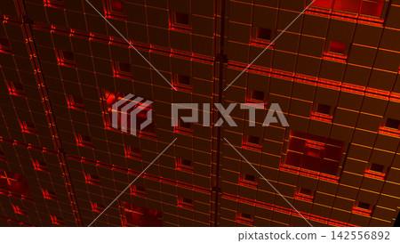 Glowing Copper Geometric Wall with Recessed Squares and Metallic Texture 3d render. Glowing Copper Geometric Wall with Recessed Squares and Metallic Texture 3d render. 142556892