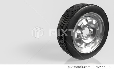 Black Rubber Tire with Shiny Silver Rim on Light Background 3d render. Black Rubber Tire with Shiny Silver Rim on Light Background 3d render. 142556900