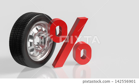 Car Tire with Red Percentage Symbol for Automotive Sale Promotions 3d render. Car Tire with Red Percentage Symbol for Automotive Sale Promotions 3d render. 142556901