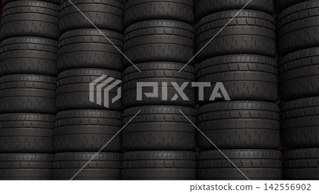 Stacked Black Car Tires with Detailed Tread Patterns 3d render. Stacked Black Car Tires with Detailed Tread Patterns 3d render. 142556902