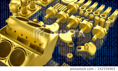 Golden Automotive Engine Parts With Binary Code 3d render. Golden Automotive Engine Parts With Binary Code 3d render. 142556903