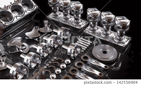 Precision Automotive Engine Components in Chrome 3d render. Precision Automotive Engine Components in Chrome 3d render. 142556904