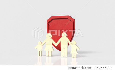 Happy Family Protected by Red Safety Shield 3d render. Happy Family Protected by Red Safety Shield 3d render. 142556908