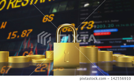 Golden Padlock Protecting Financial Investments 3d render. Golden Padlock Protecting Financial Investments 3d render. 142556910