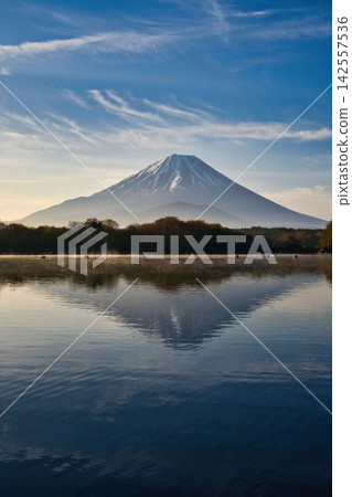 黎明時的精進湖/白雪皚皚的富士山與平靜的湖面 142557536