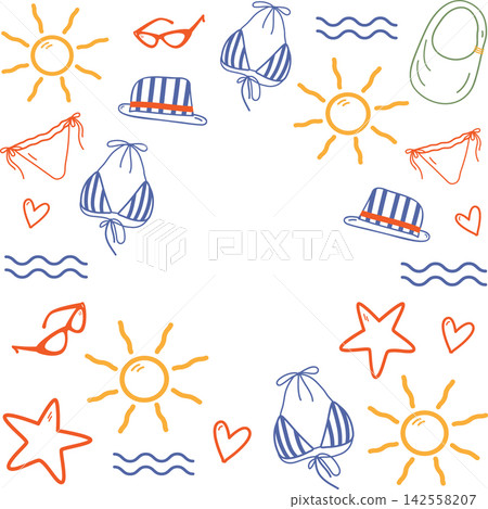 Summer Beach Accessories Rectangular frame border Copyspace Template in Mediterranean trendy palette. Isolated Vector illustration Branding, packaging or social media promotional material or greetings Summer Beach Accessories Rectangular frame border Copyspace Template in Mediterranean trendy palette. Isolated Vector illustration Branding, packaging or social media promotional material or greetings 142558207
