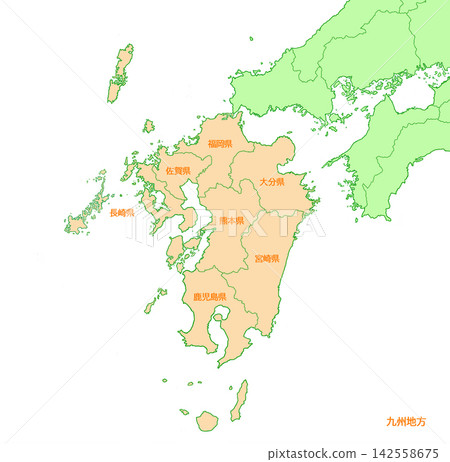 Kyushu region, Kyushu, with prefecture names. Kyushu region, Kyushu, with prefecture names. 142558675