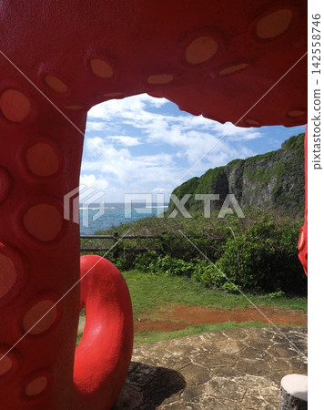 從巨型雕塑內部眺望宮古藍海和懸崖。久里馬島的趣味景觀。 從巨型雕塑內部眺望宮古藍海和懸崖。久里馬島的趣味景觀。 142558746