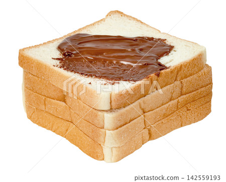 Stack of fresh white bread slices with creamy chocolate hazelnut spread on top Isolated. Ideal for breakfast, snack, food marketing, and sweet treat concepts. Stack of fresh white bread slices with creamy chocolate hazelnut spread on top Isolated. Ideal for breakfast, snack, food marketing, and sweet treat concepts. 142559193