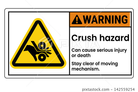 Warning crush hazard sign with hand injury icon isolated on white background Warning crush hazard sign with hand injury icon isolated on white background 142559254