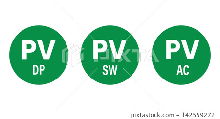 Green circular icons with white text abbreviations pv dp, pv sw, and pv ac isolated on white background Green circular icons with white text abbreviations pv dp, pv sw, and pv ac isolated on white background 142559272