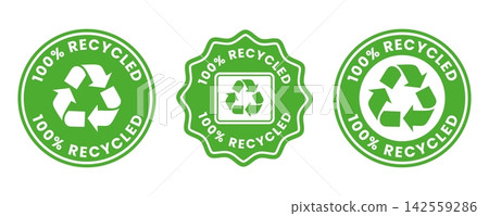 Set of 100 percent recycled badges and labels vector icons with green color isolated on white background Set of 100 percent recycled badges and labels vector icons with green color isolated on white background 142559286