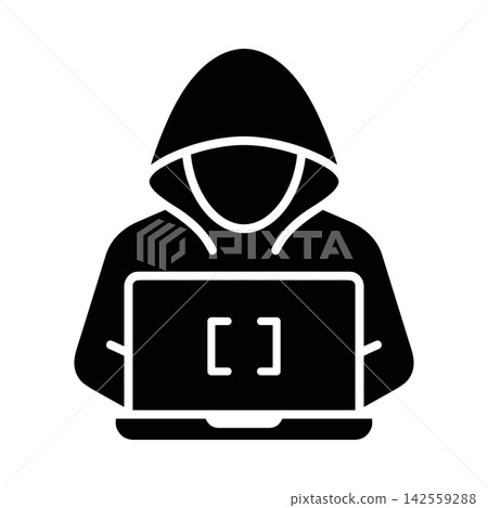 Hacker with laptop glyph icon vector silhouette isolated on white background Hacker with laptop glyph icon vector silhouette isolated on white background 142559288