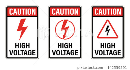 Caution high voltage warning signs, vector illustrations isolated on white Caution high voltage warning signs, vector illustrations isolated on white 142559291