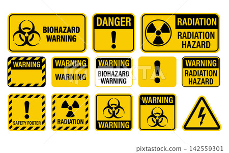 Set of safety signs and hazard warning labels isolated on white background Set of safety signs and hazard warning labels isolated on white background 142559301