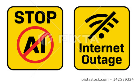 Set of yellow warning signs with stop ai and internet outage symbols isolated on white background Set of yellow warning signs with stop ai and internet outage symbols isolated on white background 142559324