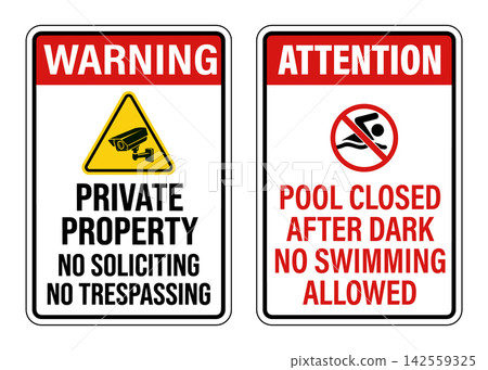 Warning private property no soliciting trespassing and attention pool closed after dark no swimming allowed signs Warning private property no soliciting trespassing and attention pool closed after dark no swimming allowed signs 142559325