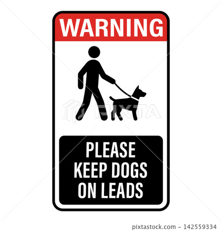 Warning sign, please keep dogs on leads, isolated on white background Warning sign, please keep dogs on leads, isolated on white background 142559334