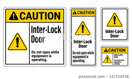 Caution interlock door sign set, isolated on white background Caution interlock door sign set, isolated on white background 142559336