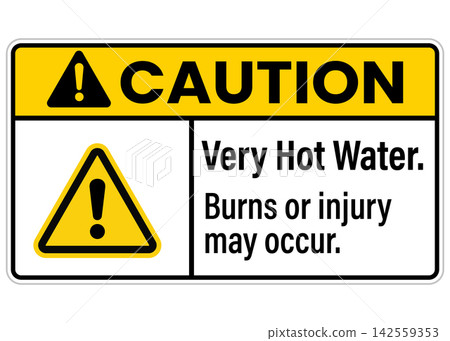 Caution very hot water safety sign, burns or injury may occur isolated on white background Caution very hot water safety sign, burns or injury may occur isolated on white background 142559353