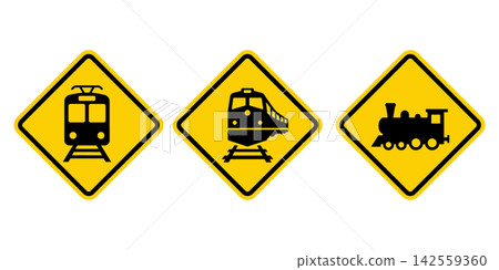 Set of railroad crossing warning signs yellow diamonds vector illustration isolated on white background 142559360