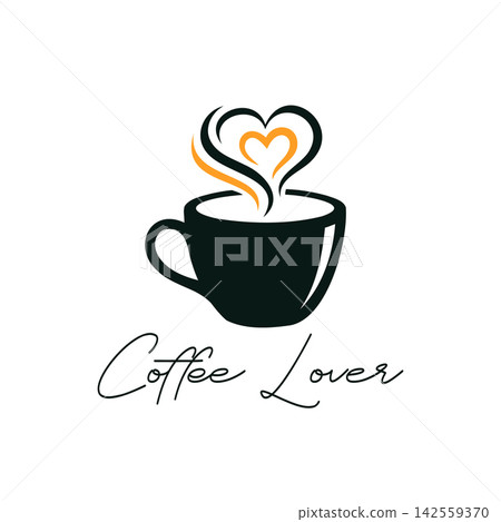 Coffee lover logo vector design with black cup and orange heart steam Coffee lover logo vector design with black cup and orange heart steam 142559370