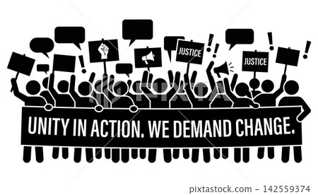 Protest illustration of people marching together holding signs and a banner reading unity in action we demand change isolated on white background Protest illustration of people marching together holding signs and a banner reading unity in action we demand change isolated on white background 142559374