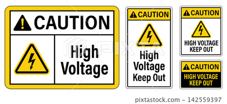 Caution high voltage keep out warning safety signs set isolated on white background Caution high voltage keep out warning safety signs set isolated on white background 142559397