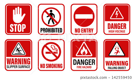 Set of various red and white warning and prohibition signs vector illustration Set of various red and white warning and prohibition signs vector illustration 142559450