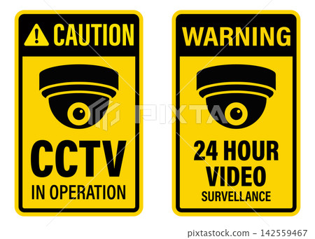 Caution cctv in operation and warning 24 hour video surveillance sign isolated on white background Caution cctv in operation and warning 24 hour video surveillance sign isolated on white background 142559467