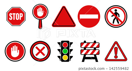 Set of various stop signs and road warning signs isolated on white background Set of various stop signs and road warning signs isolated on white background 142559482