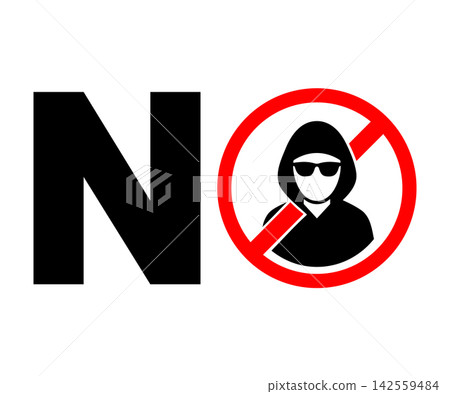 No hackers or masked person allowed sign with bold black letter n and a red prohibition circle with a hacker silhouette isolated on white background No hackers or masked person allowed sign with bold black letter n and a red prohibition circle with a hacker silhouette isolated on white background 142559484