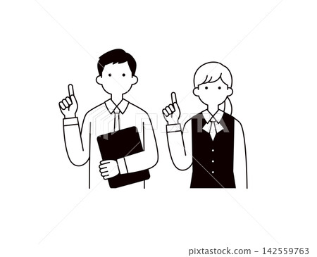 一組向量插圖,描繪了一名身著制服的男員工和一名身著制服的女員工的上半身,用於說明和解釋關鍵要點。 (線條圖) 一組向量插圖,描繪了一名身著制服的男員工和一名身著制服的女員工的上半身,用於說明和解釋關鍵要點。 (線條圖) 142559763
