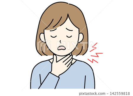 A woman winces in pain from a sore throat. A woman winces in pain from a sore throat. 142559818