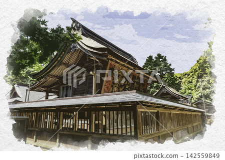 島根縣松江市平濱八幡宮和竹內神社正殿的水彩風格繪畫。 島根縣松江市平濱八幡宮和竹內神社正殿的水彩風格繪畫。 142559849
