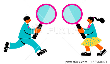 A set of pop and colorful illustrations of a female and male student holding large magnifying glasses. 142560021