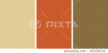 A seamless pattern set of wave-patterned designs with gaps; a Japanese-style background material in red, black, and gold, perfect for celebrations and the New Year. A seamless pattern set of wave-patterned designs with gaps; a Japanese-style background material in red, black, and gold, perfect for celebrations and the New Year. 142560150