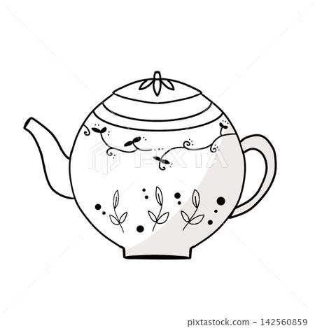 一幅別緻的茶壺插圖，帶有植物圖案（單色）。 142560859
