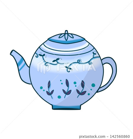 一幅清新雅緻的茶壺插圖,壺身飾有植物圖案(藍色)。 一幅清新雅緻的茶壺插圖,壺身飾有植物圖案(藍色)。 142560860