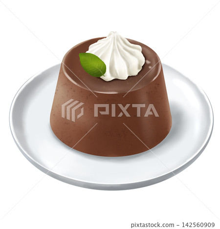 Chocolate pudding topped with whipped cream served on a plate. Chocolate pudding topped with whipped cream served on a plate. 142560909