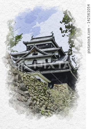 Watercolor-style painting of Matsue Castle's keep, Matsue City, Shimane Prefecture 142561054