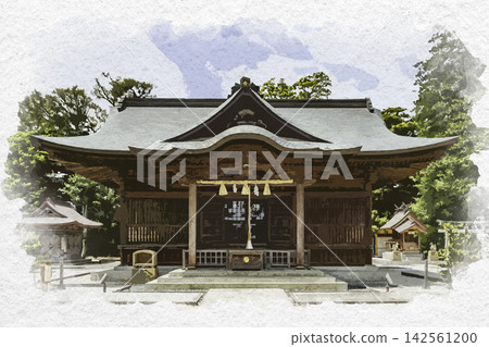 松江城和松江神社正殿的水彩風格繪畫，位於島根縣松江市。 142561200