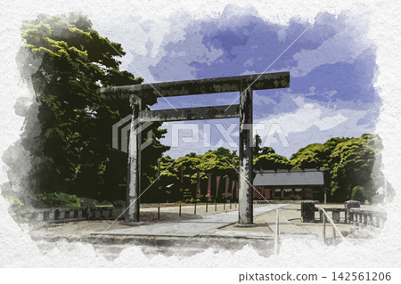 Watercolor-style torii gate of Matsue Gokoku Shrine, Matsue City, Shimane Prefecture 142561206