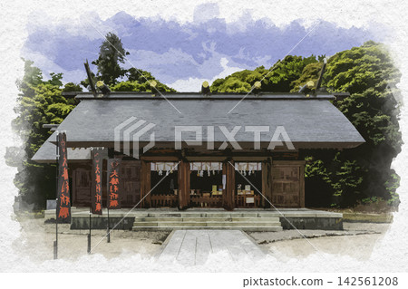 Watercolor style painting of the main hall of Matsue Gokoku Shrine, Matsue City, Shimane Prefecture. Watercolor style painting of the main hall of Matsue Gokoku Shrine, Matsue City, Shimane Prefecture. 142561208