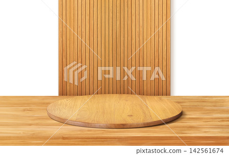 Empty wooden table top with vertical wood batten wall background for product display mockup. Empty wooden table top with vertical wood batten wall background for product display mockup. 142561674