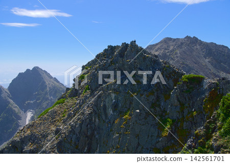 The Hotaka mountain range in the Northern Alps, viewed from the north, with Mt. Karasawa and Mt. Maehotaka and Mt. Okuhotaka in the background. The Hotaka mountain range in the Northern Alps, viewed from the north, with Mt. Karasawa and Mt. Maehotaka and Mt. Okuhotaka in the background. 142561701